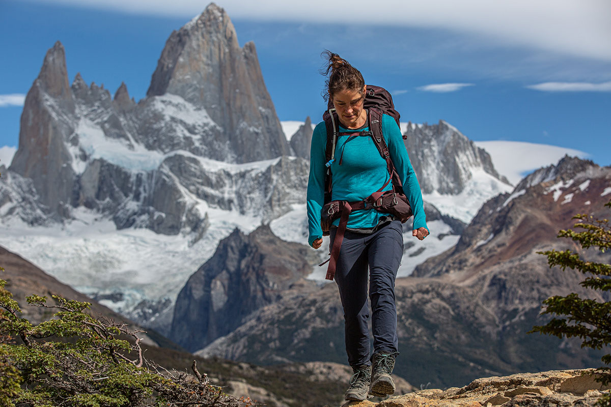 Lowa Renegade GTX Mid hiking boot (hiking with mountains in background)