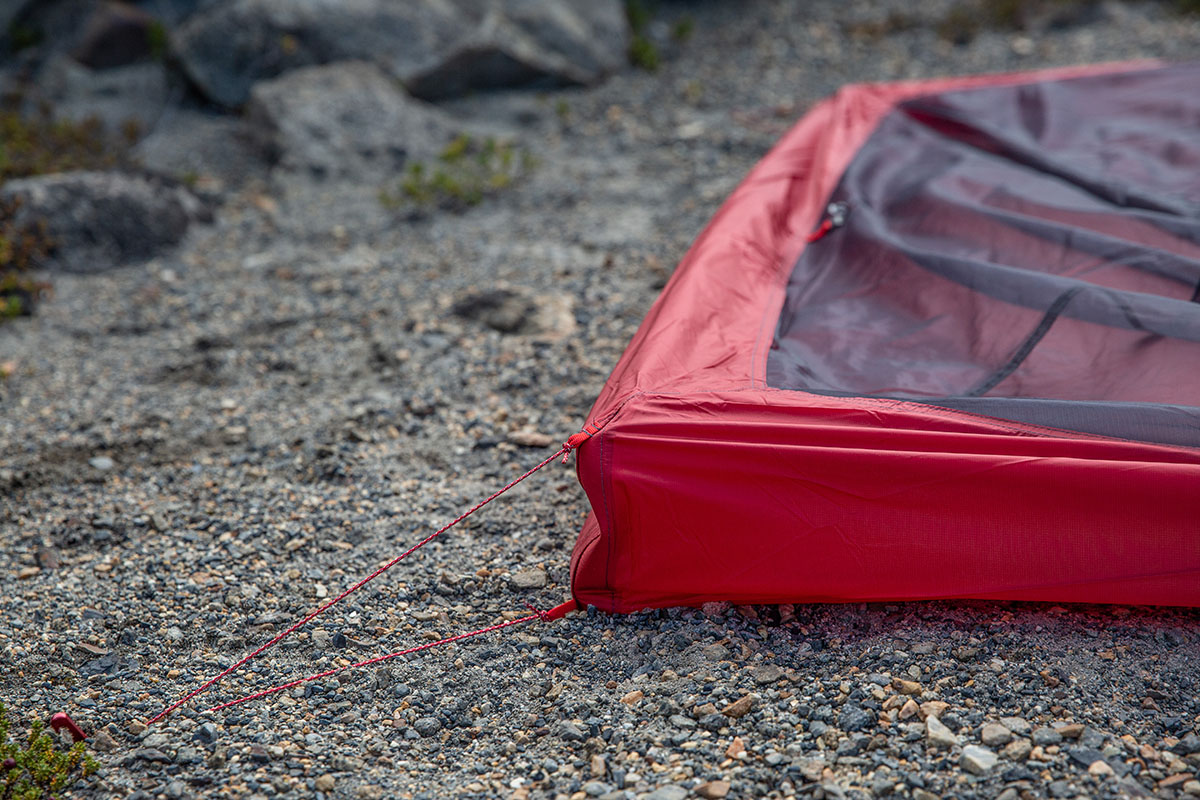MSR FreeLite 2 backpacking tent (corner staked out)