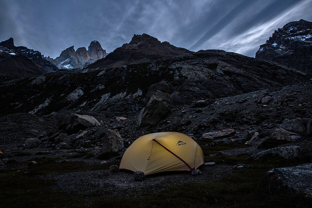 ​​MSR Hubba Hubba backpacking tent (at night)