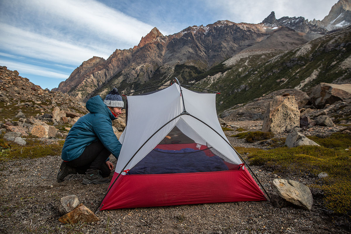 ​​MSR Hubba Hubba backpacking tent (reaching inside tent)