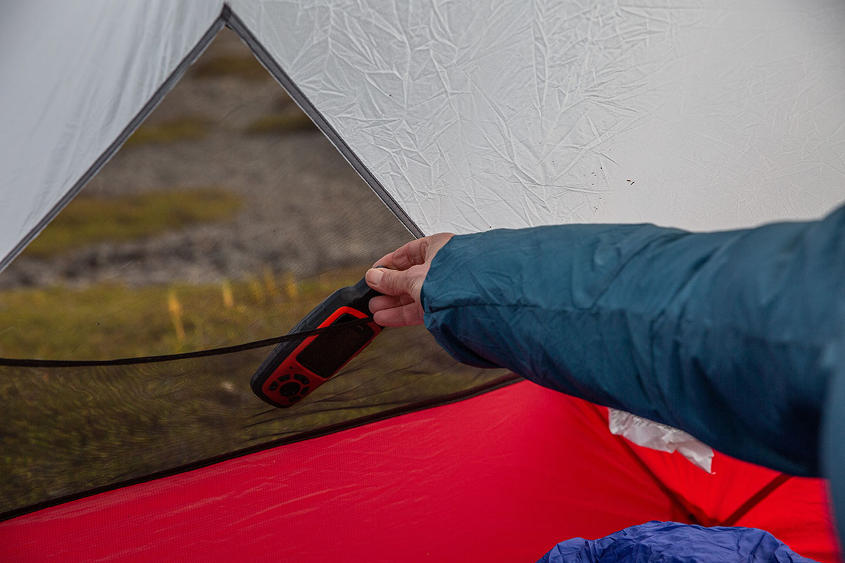MSR Hubba Hubba backpacking tent (Garmin inReach in interior pocket)