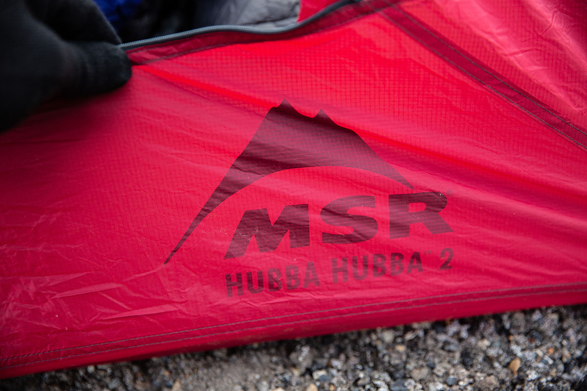 MSR Hubba Hubba backpacking tent (closeup of logo)
