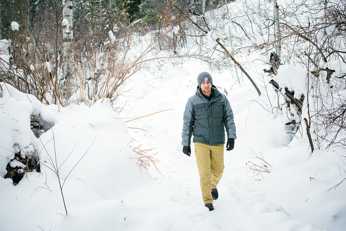 Marmot Fordham down jacket (walking on snowy trail)