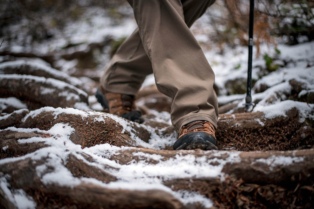 Merrell Moab 2 Mid hiking boot (closeup while hiking downhill)