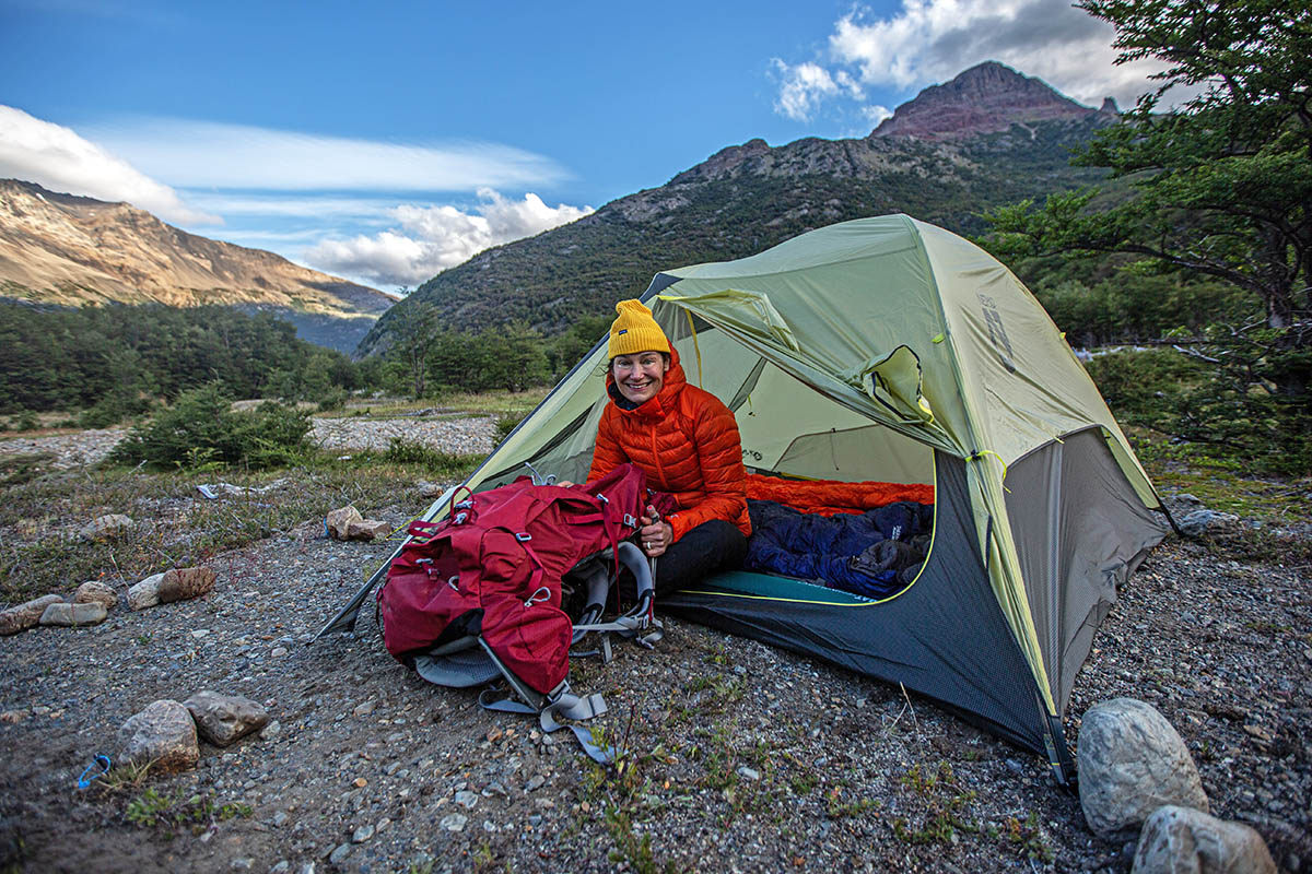 NEMO Hornet OSMO 3P backpacking tent (smiling in tent)