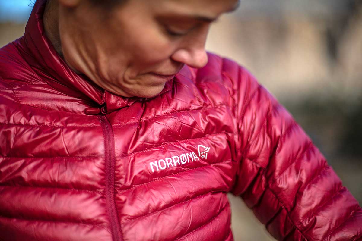 Norrona Trollveggen Superlight Down850 Jacket (closeup with logo)