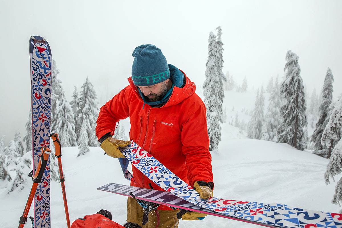 Norrona Trollveggen hardshell jacket (putting on skins)