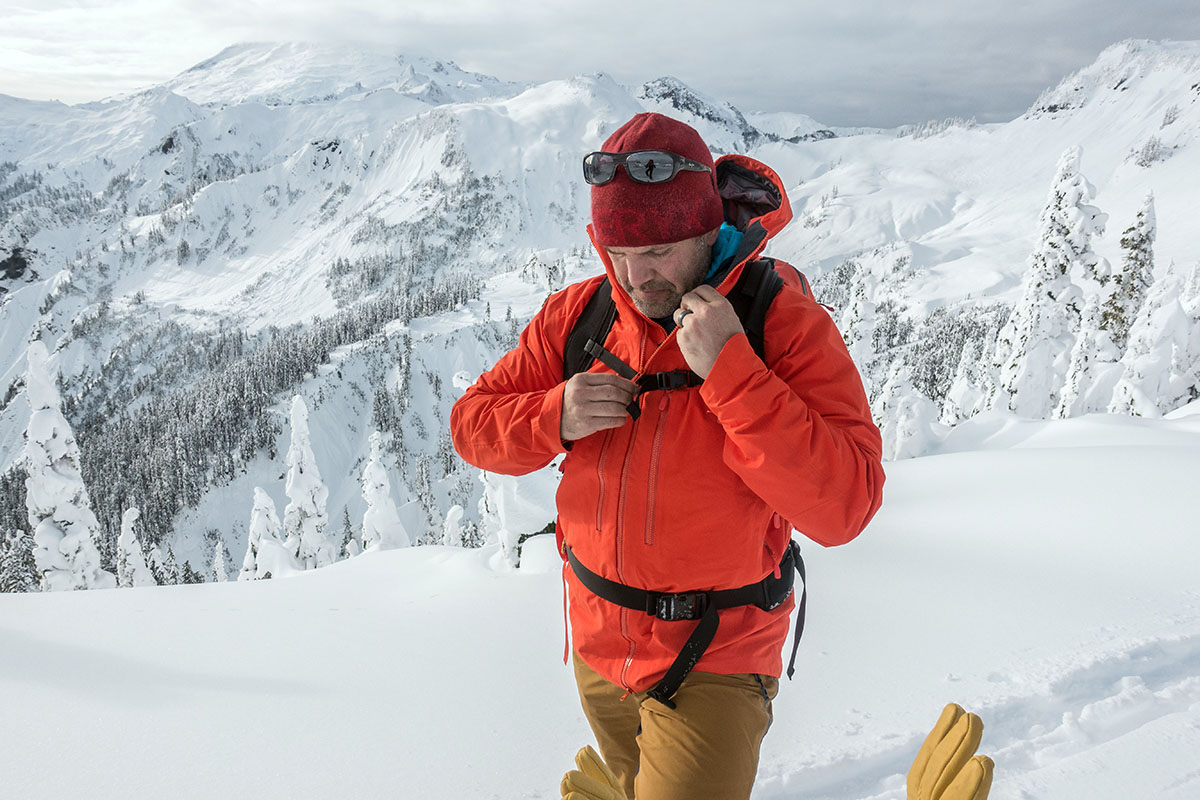 Norrona Trollveggen hardshell jacket (zipping up)