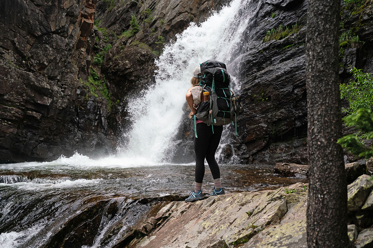 Oboz Arete hiking shoes (back view at waterfall)