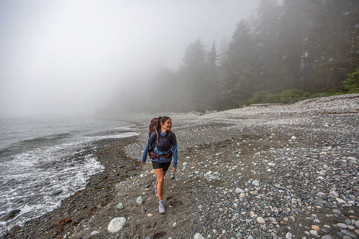 Oboz Katabatic Mid Waterproof hiking boot (hiking along foggy shoreline)