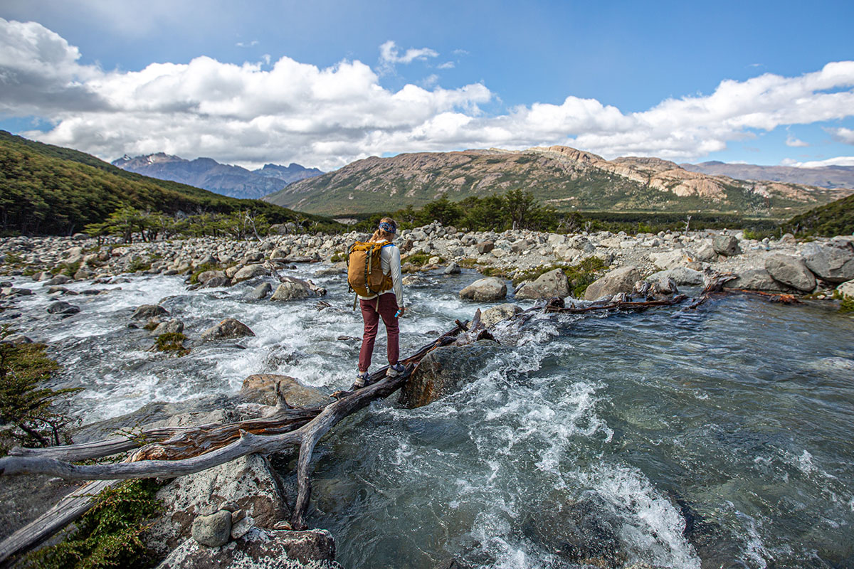 On Cloudwander Waterproof hiking shoes (crossing water on log)