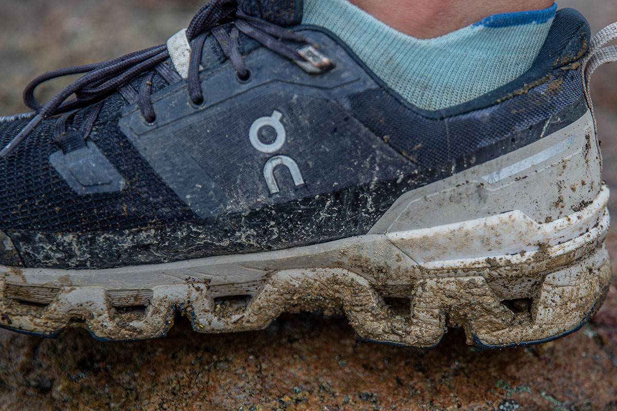 On Cloudwander Waterproof hiking shoes (dirt caked up inside channels)