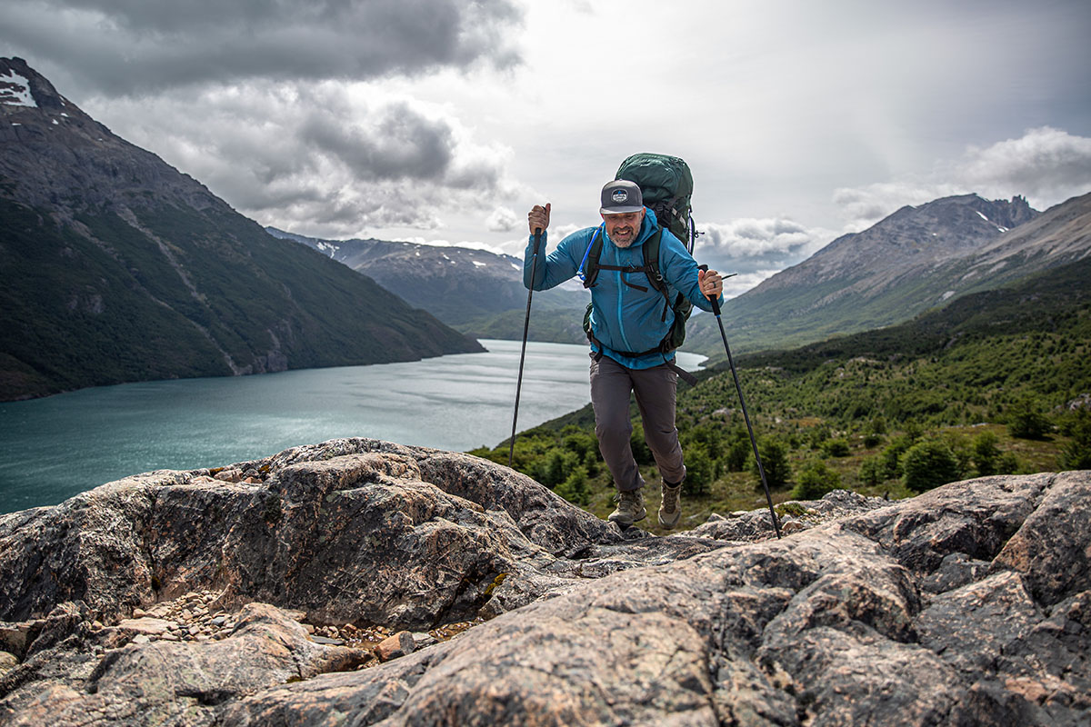 Osprey Aether Plus 70 backpacking pack (hiking above lake in Patagonia)