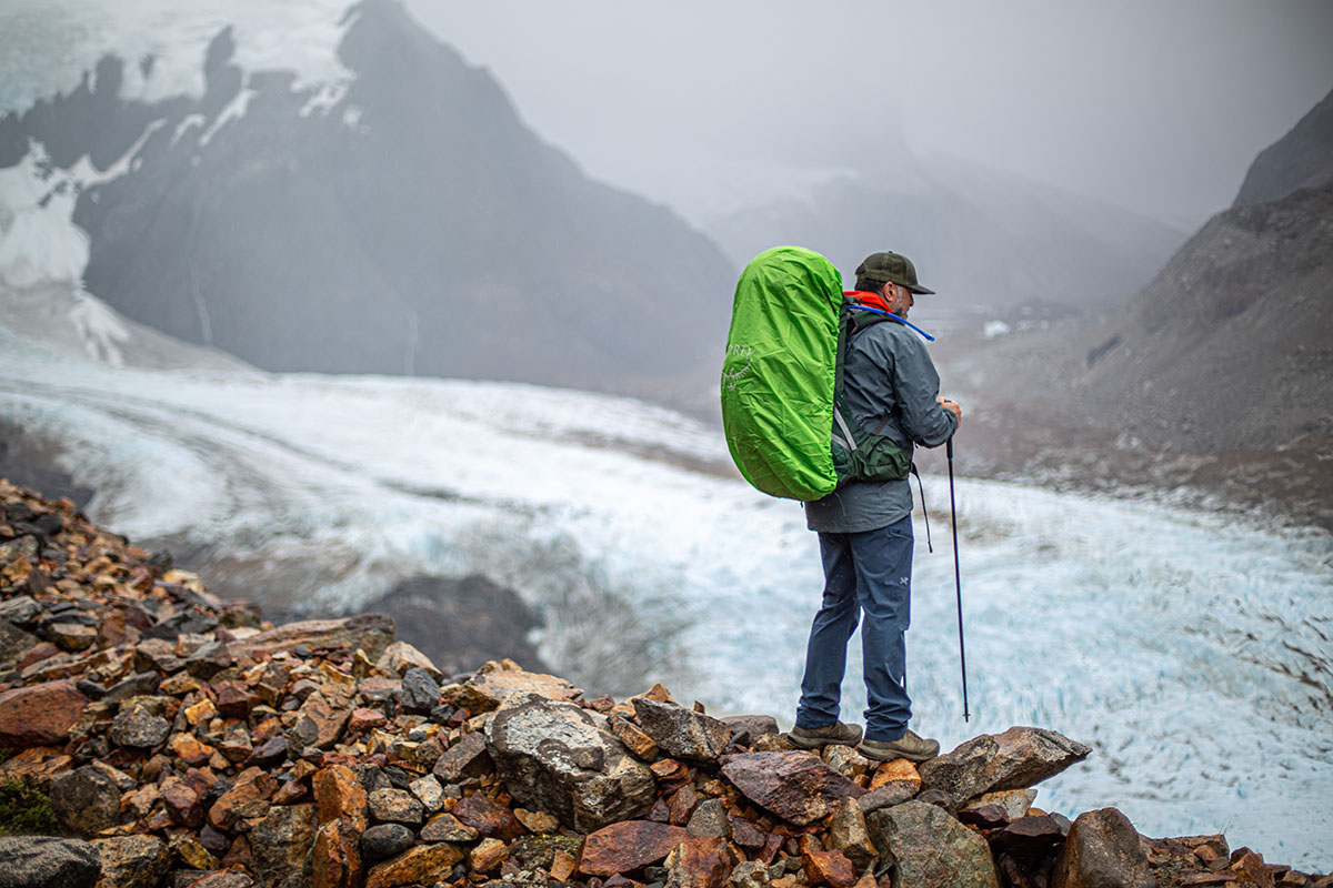 Osprey Aether Plus 70 backpacking pack (standing in rain)