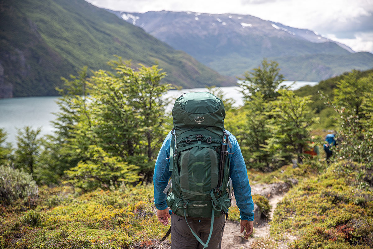 Osprey Aether Plus 70 backpacking pack (view from back)