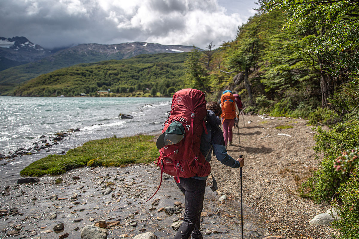 Osprey Ariel Plus 70 backpacking pack (hiking along shoreline)