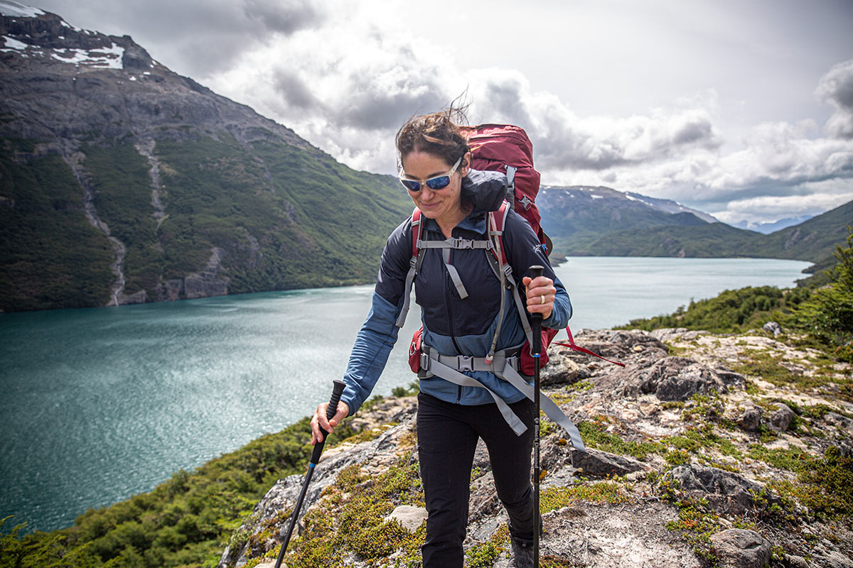 Osprey Ariel 65 backpacking pack (hiking above lake in Patagonia)