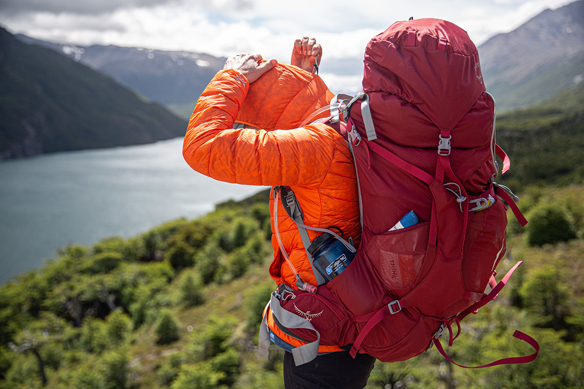 Osprey Ariel 65 backpacking pack (view of pack from side)