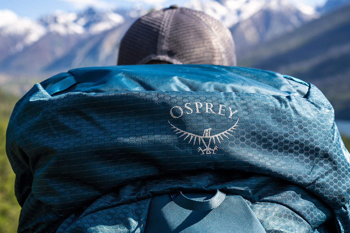 Osprey Atmos AG 65 backpacking pack (logo closeup)