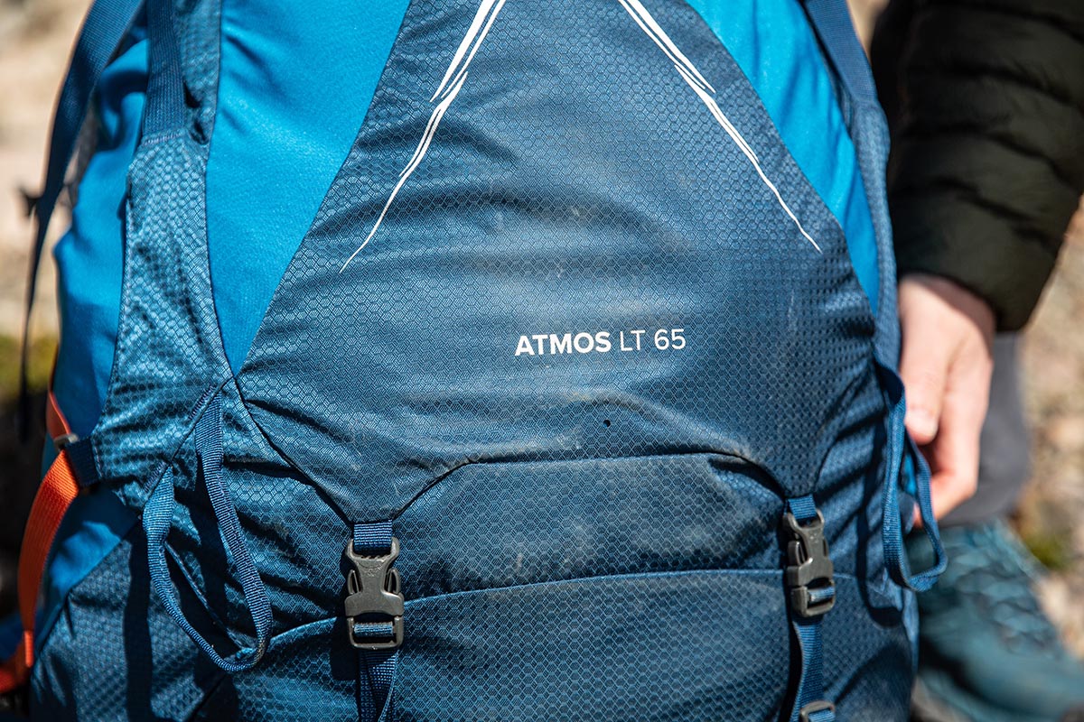 Osprey Atmos AG LT 65 backpack (logo closeup)