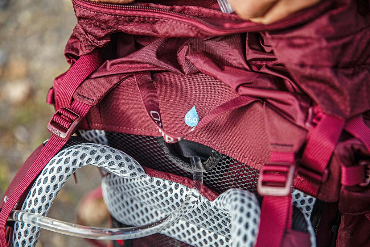 Hydration hose port (Osprey Aura AG LT 65 women's backpacking pack)