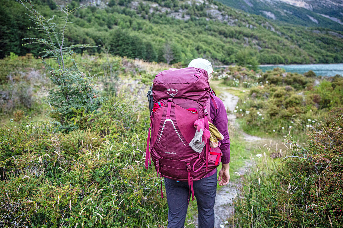 Osprey Aura AG LT 65 women's backpacking pack (socks on backpack)