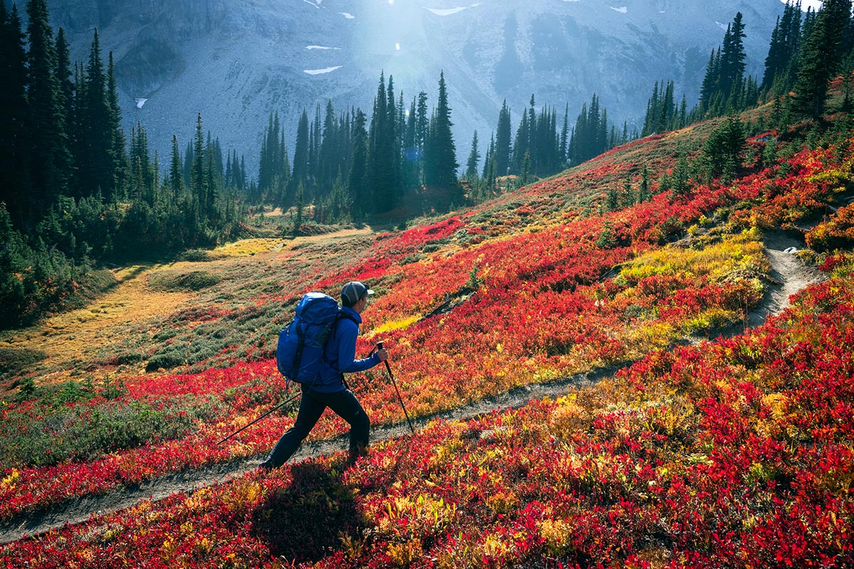 Osprey Exos 58 backpacking backpack (hiking in meadow)