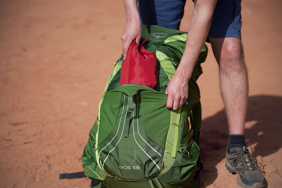Osprey Exos 58 backpacking pack (front shove-it pocket)