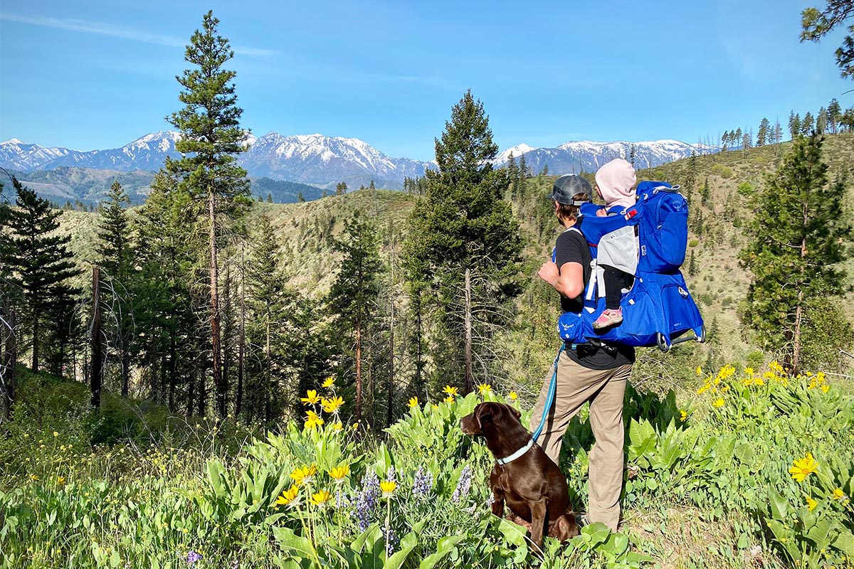 Osprey Poco Plus baby carrier (stopped for mountain view)