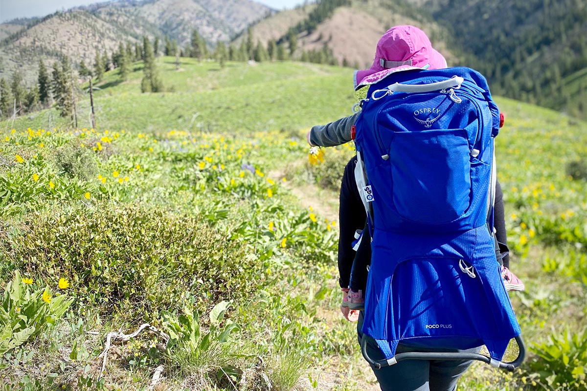 Osprey Poco Plus baby carrier pack (hiking towards mountains)