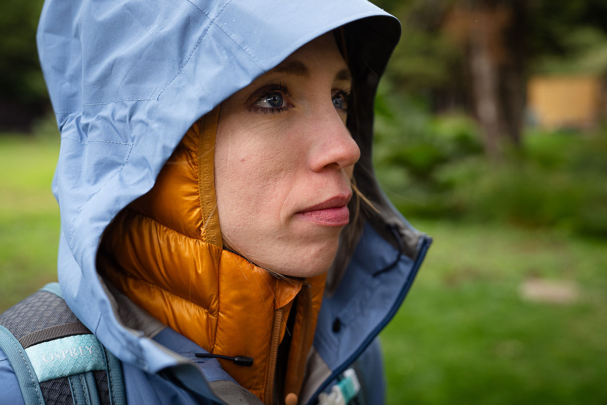 Outdoor Research Aspire II GTX rain jacket (closeup with hood on)