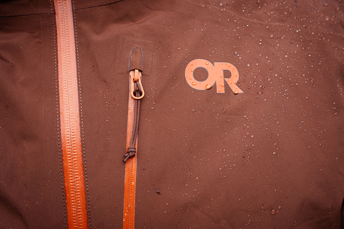 Outdoor Research Foray II rain jacket (logo closeup)