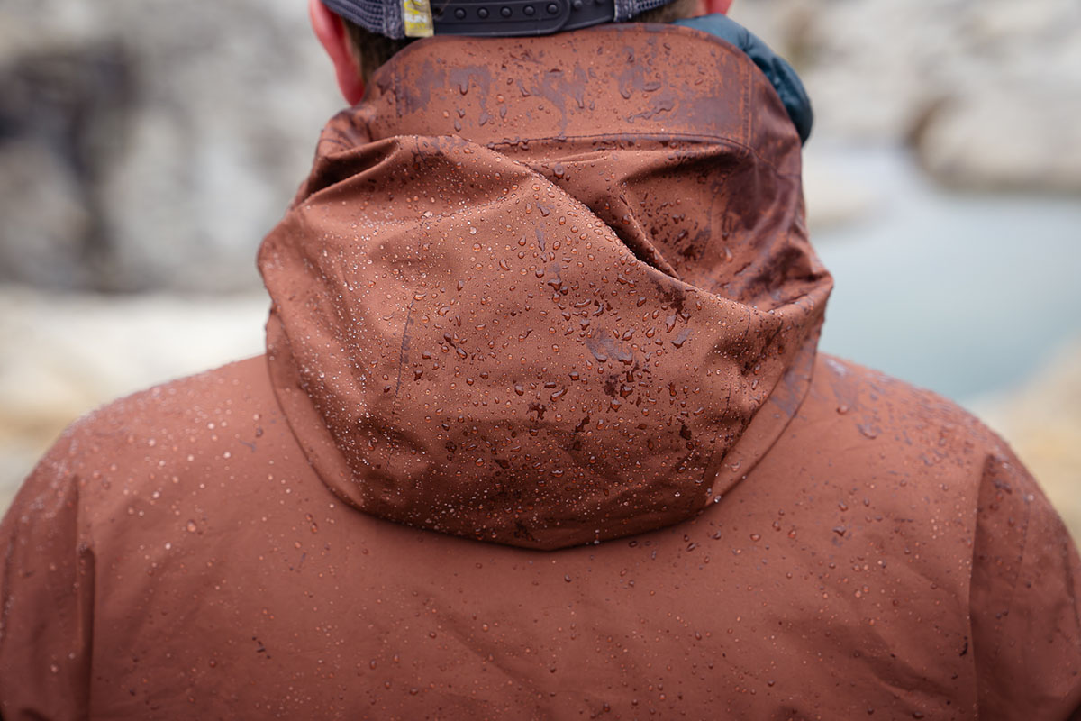 Outdoor Research Foray II rain jacket (rain beading on hood)