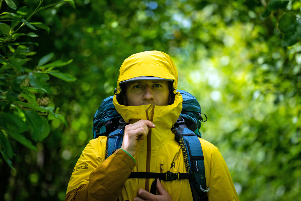 Outdoor Research Foray II GTX rain jacket (zipping up hood)