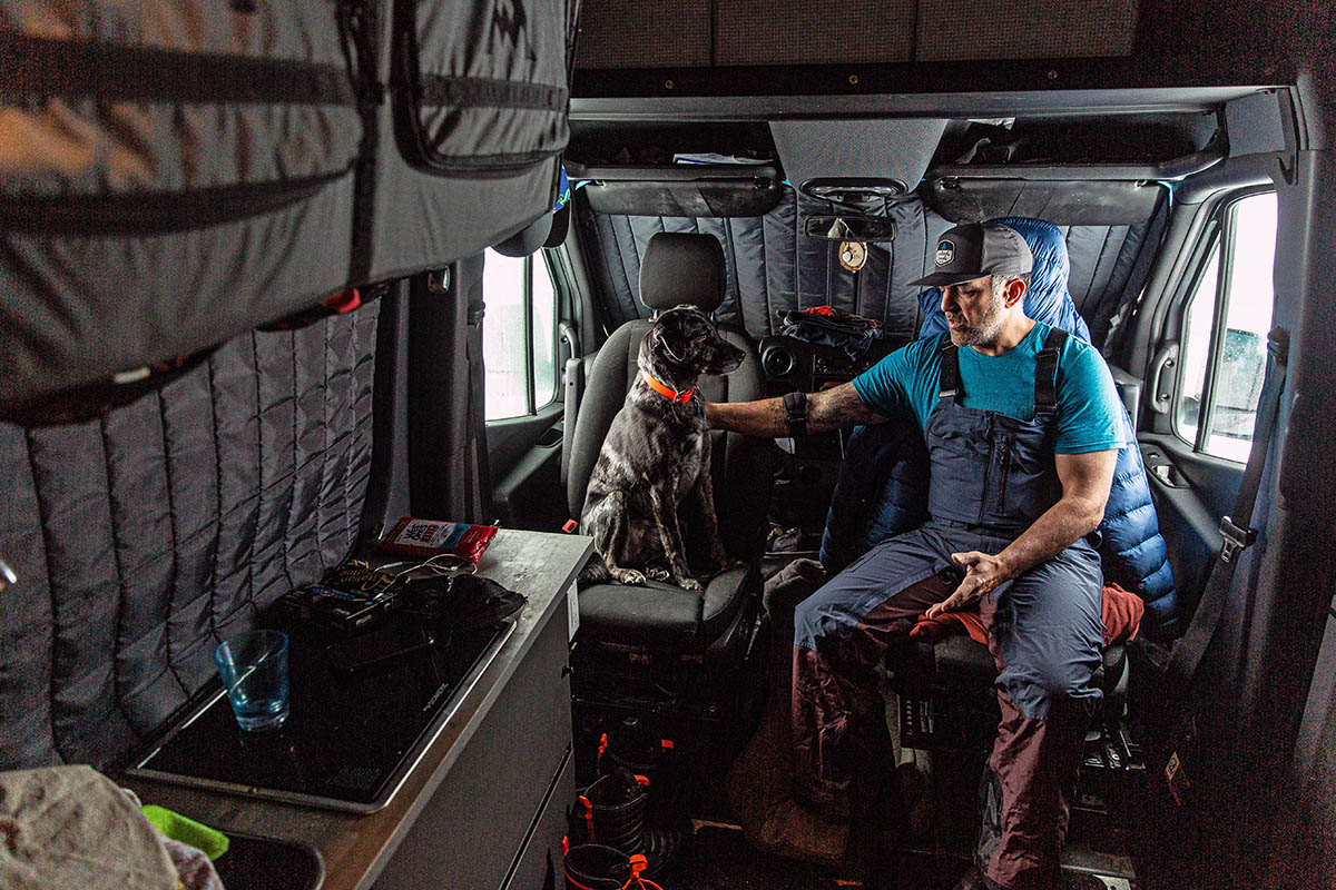 Outdoor Research Kulshan Storm Bibs (sitting in van)