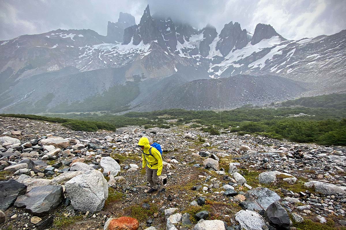 Outdoor Research Microgravity jacket (trekking up steep valley in Patagonia)