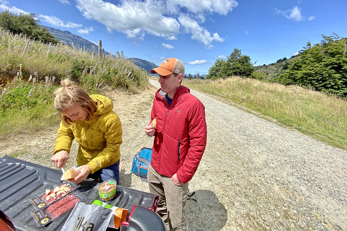 Outdoor Research Refuge hooded synthetic jacket (eating lunch on tailgate)