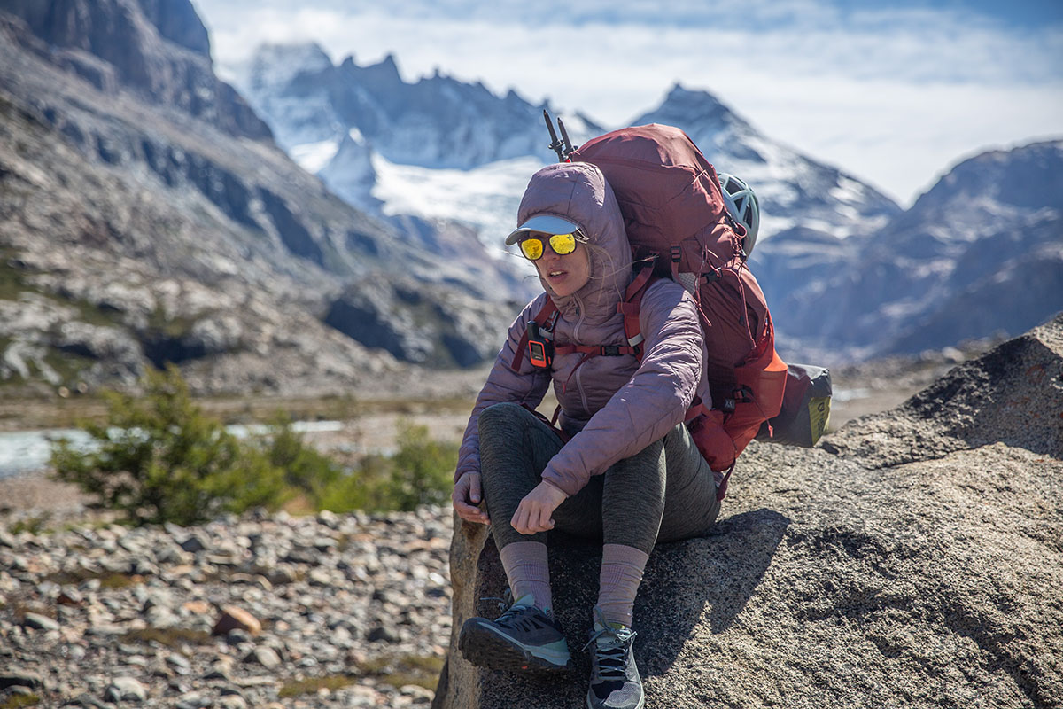 Outdoor Research SuperStrand LT Hoodie (closeup with pack on)