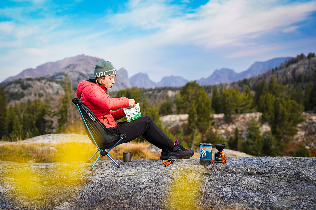 Outdoor Research Transcendent Hoodie (eating meal in backcountry)