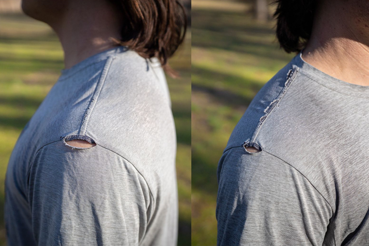 Patagonia Capilene Cool Daily T-Shirt (closeup of holes on both shoulders of thru-hiking shirt)
