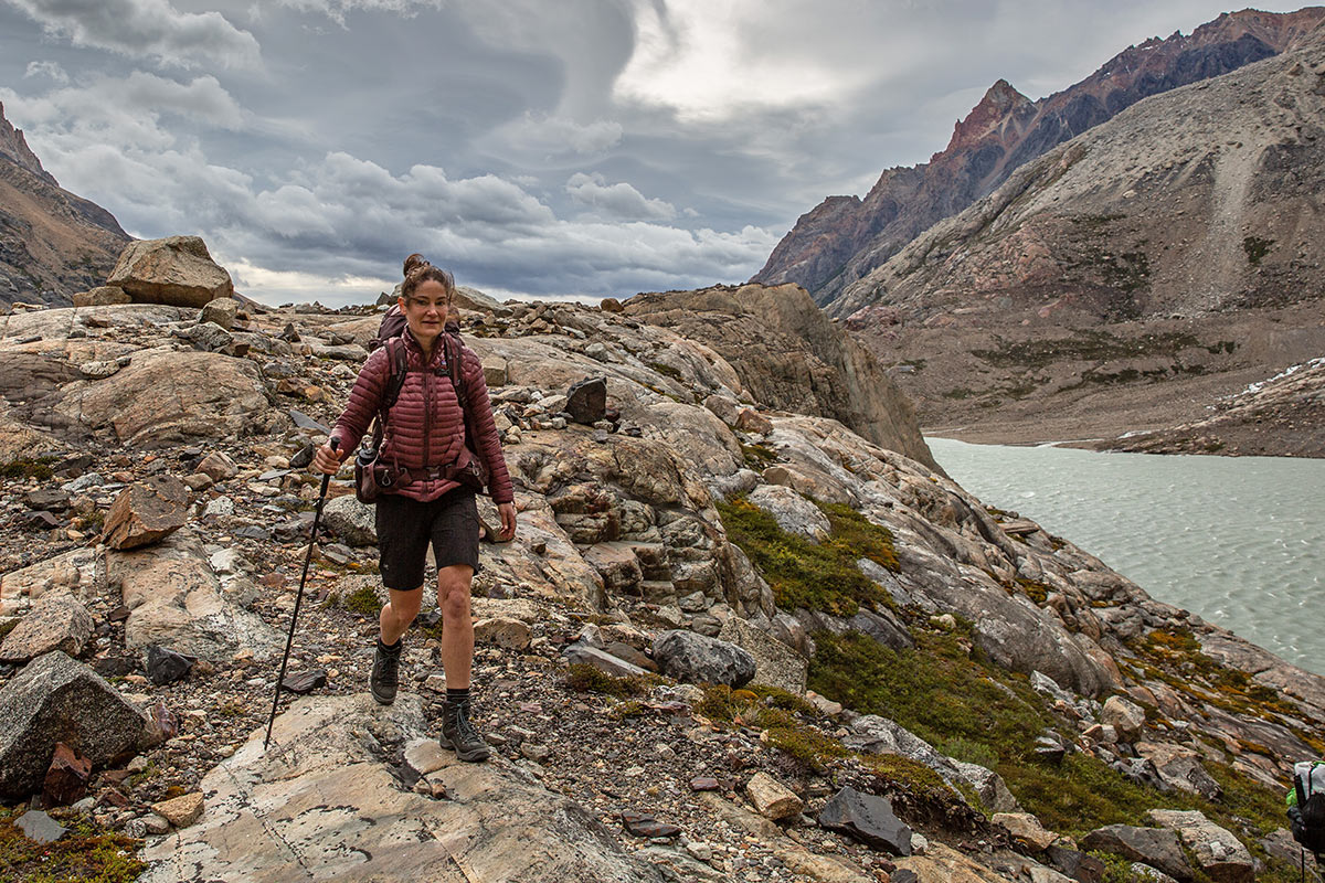 Patagonia AlpLight Down Jacket (hiking a rocky trail in Patagonia)