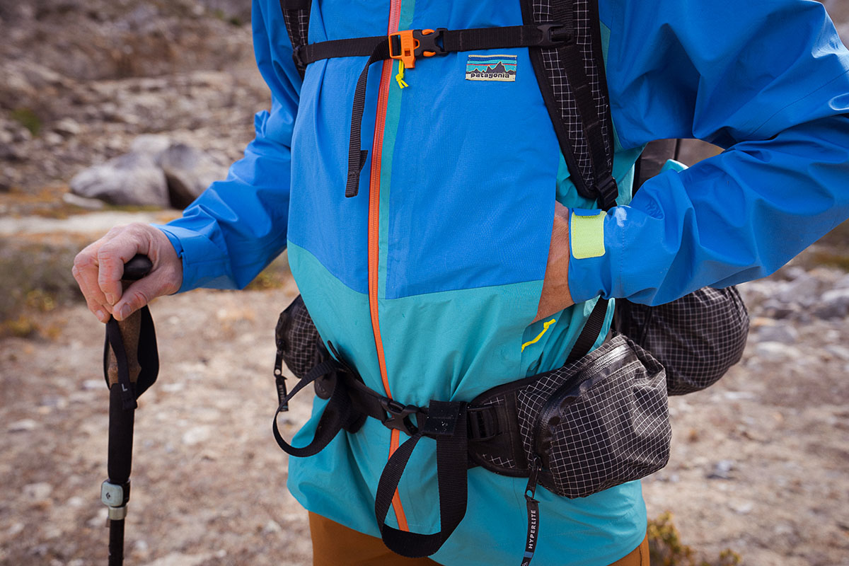 Patagonia Boulder Fork rain jacket (closeup with pack on)