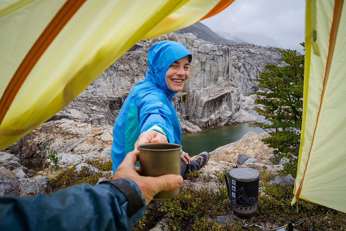 Patagonia Boulder Fork rain jacket (reaching for coffee)