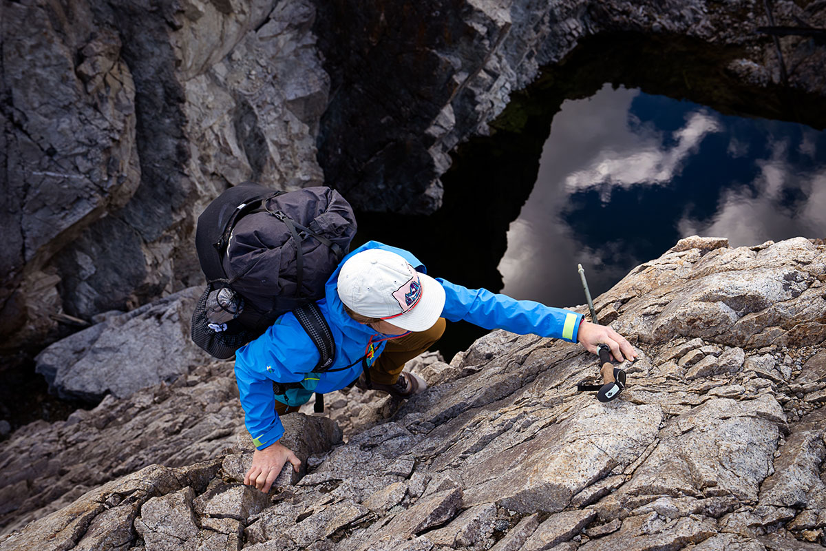 Patagonia Boulder Fork rain jacket (steep scramble)