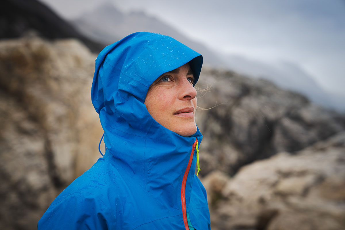 Patagonia Boulder Fork rain jacket (with hood on)