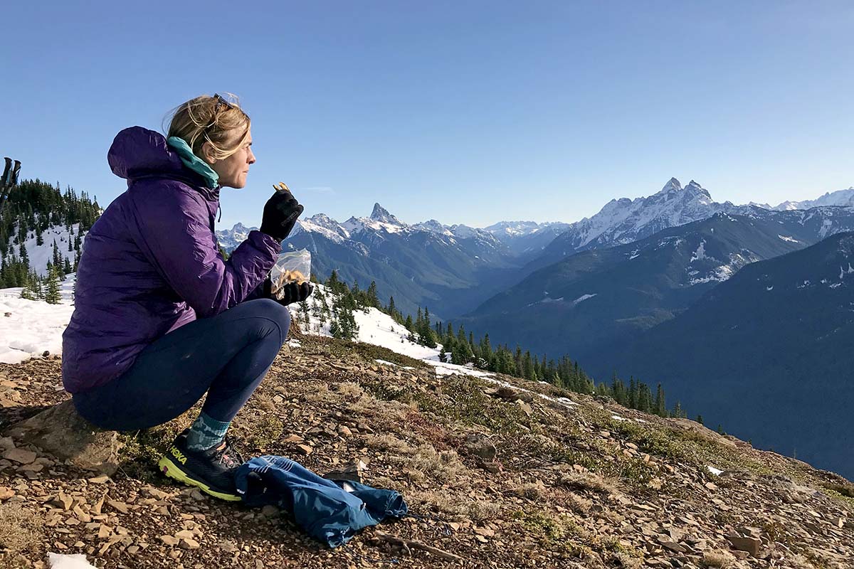 Taking a break along a windy ridgeline (Patagonia DAS Light Hoody)