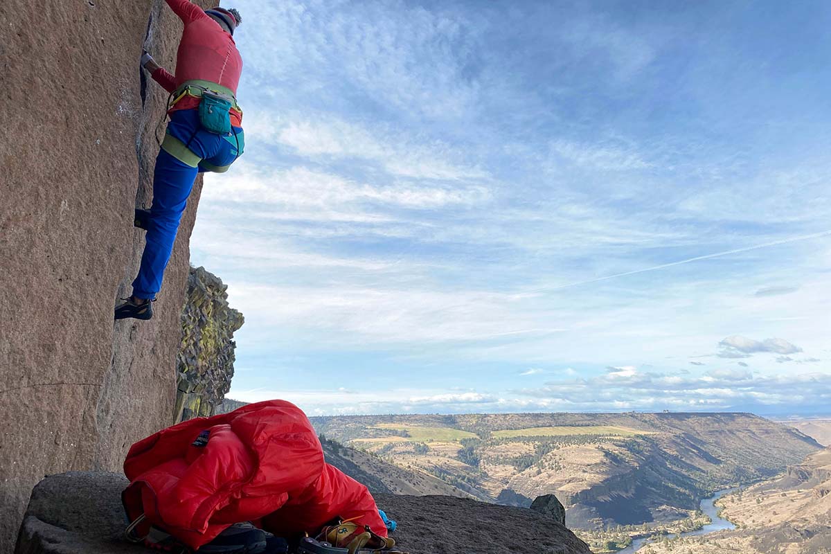 Climbing at Trout Creek (Patagonia DAS Parka on ground)