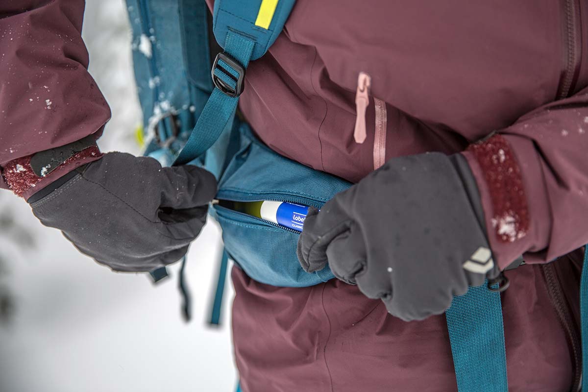 Putting chapstick in hipbelt pocket (Patagonia Descensionist 40L ski pack)