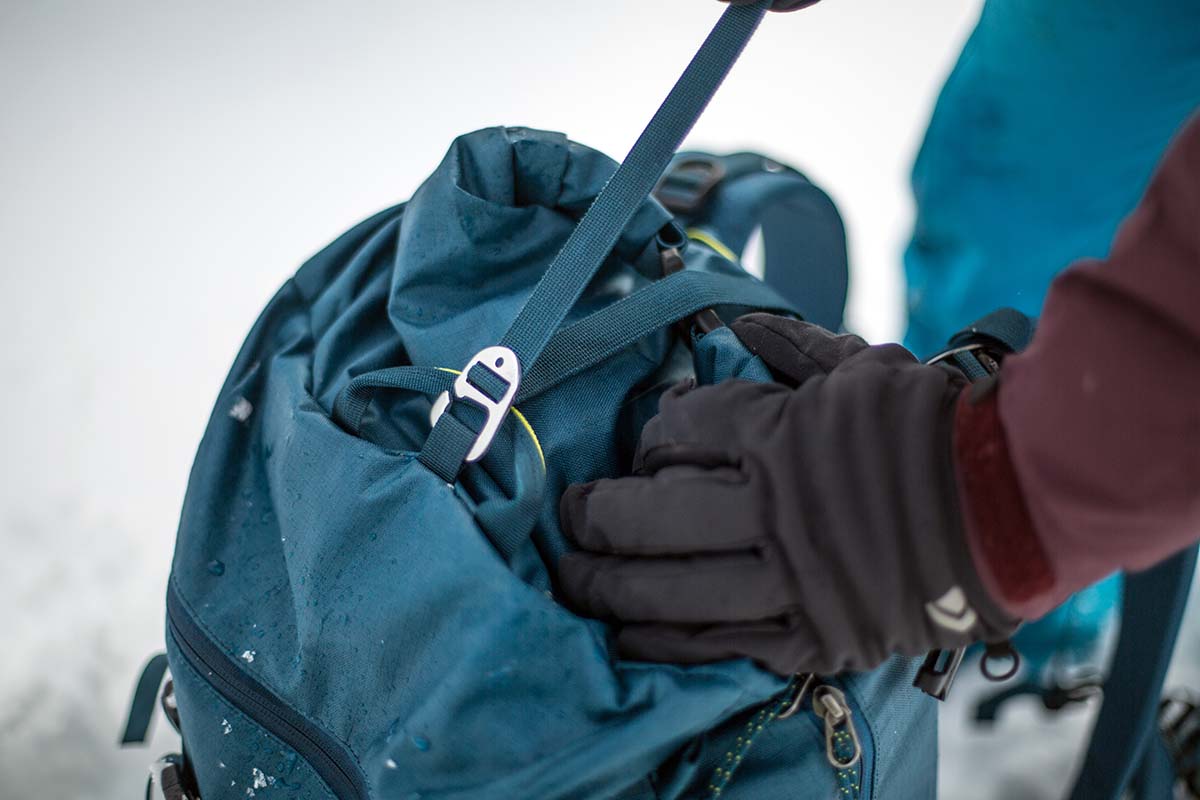 Roll-top cinch on Patagonia Descensionist 40L ski pack