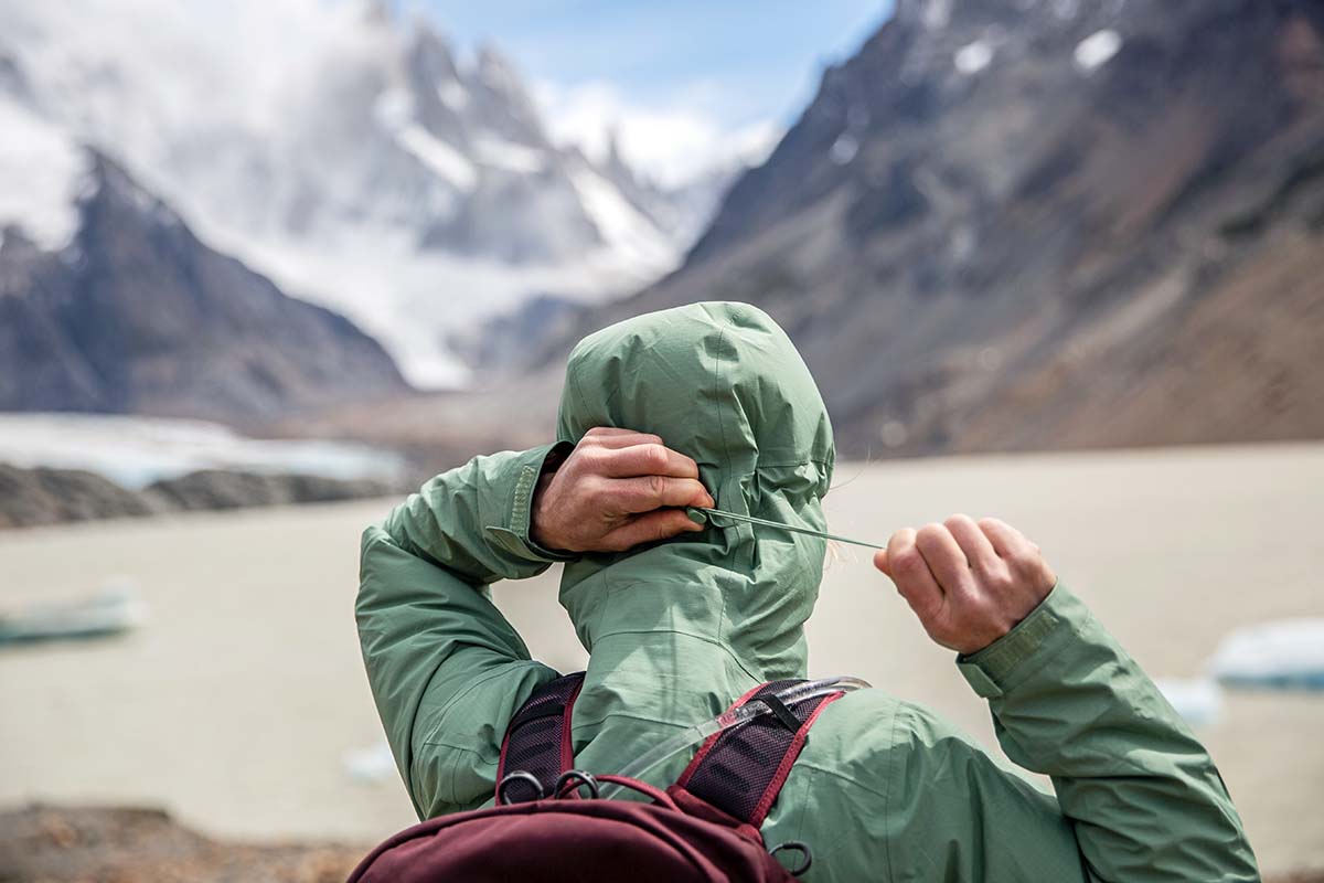 Adjusting hood on Patagonia Granite Crest rain jacket